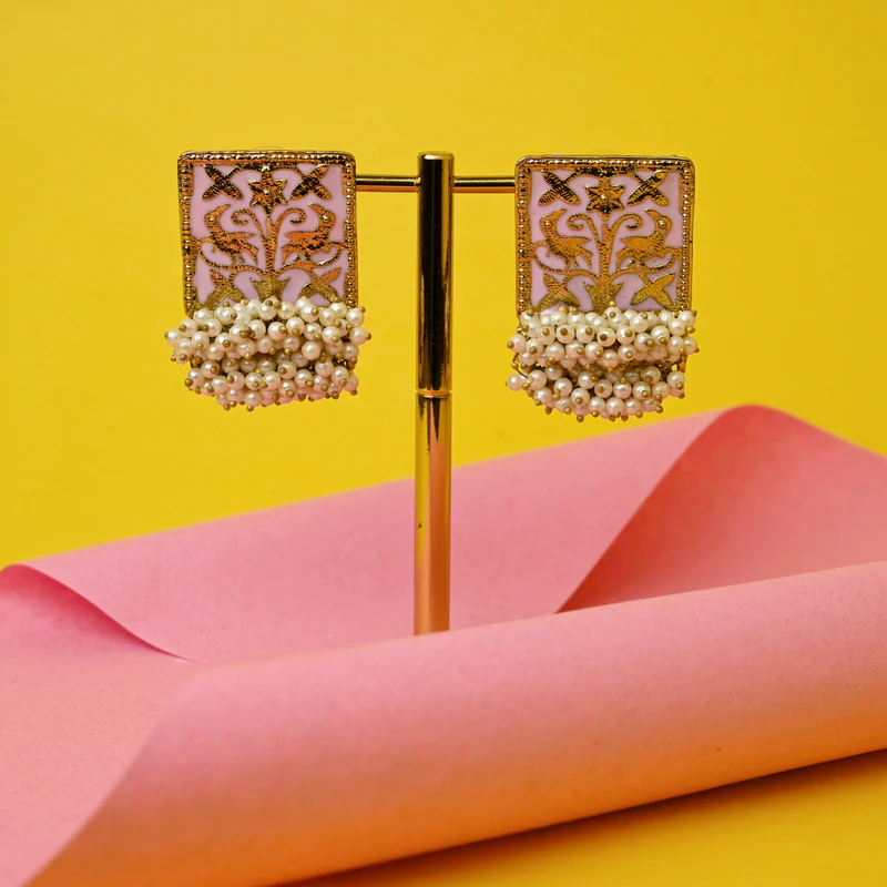 Gold Mughal Pearl Bunch Square Meenakari Studs